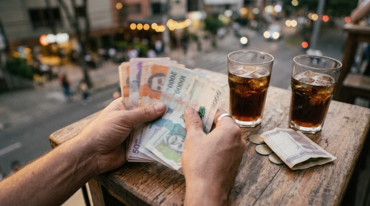 Colombian peso banknotes next to a club receipt on a bar counter, illustrating how much a night out in Medellin costs