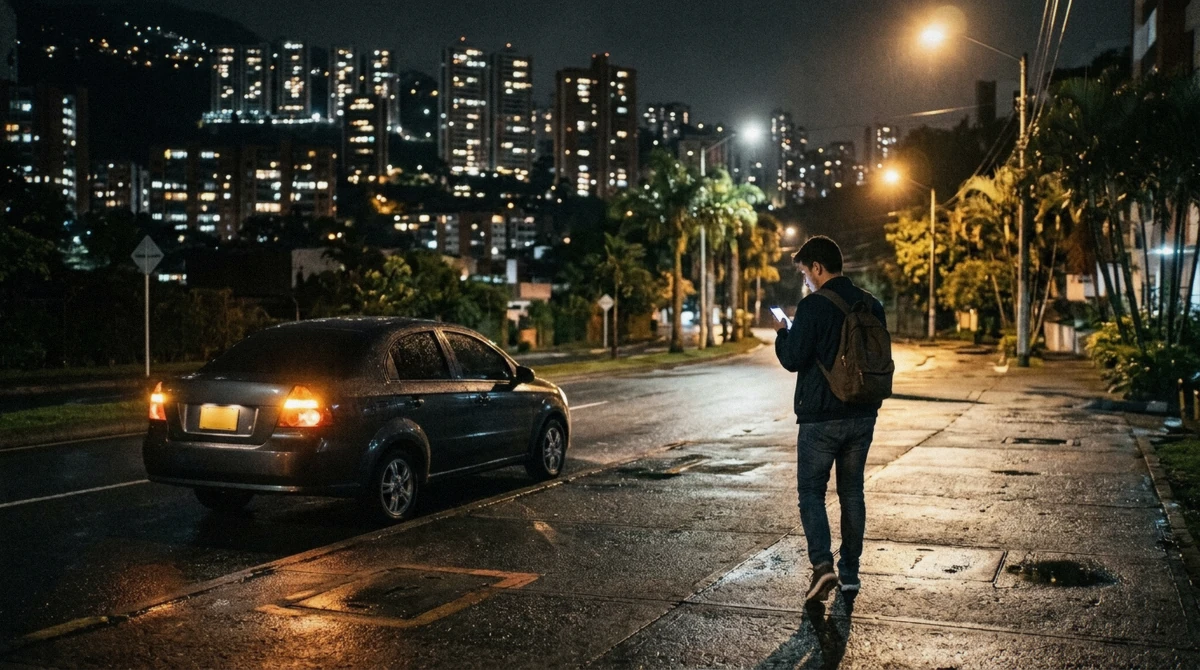 Traveler booking a ride app on a phone outside a Medellin nightlife venue late at night, planning the safe way home