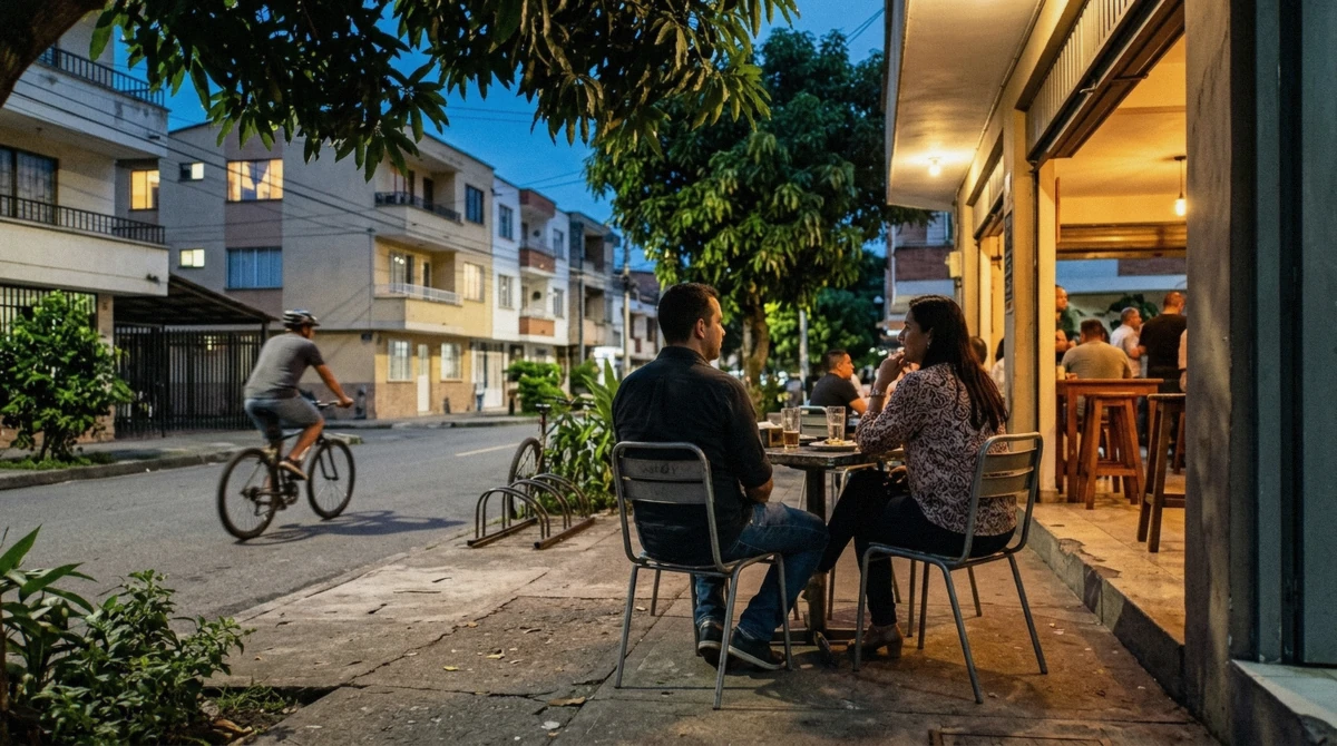 Open-fronted bars lit up along La 70 in Laureles at night, the local side of the Laureles vs El Poblado nightlife comparison