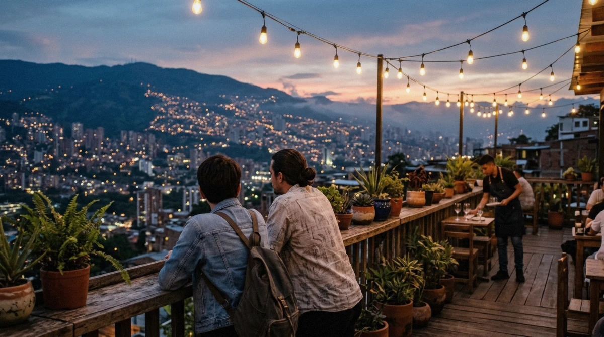 Rooftop bar crowd in El Poblado late at night, the point in the evening when planning the ride home matters most
