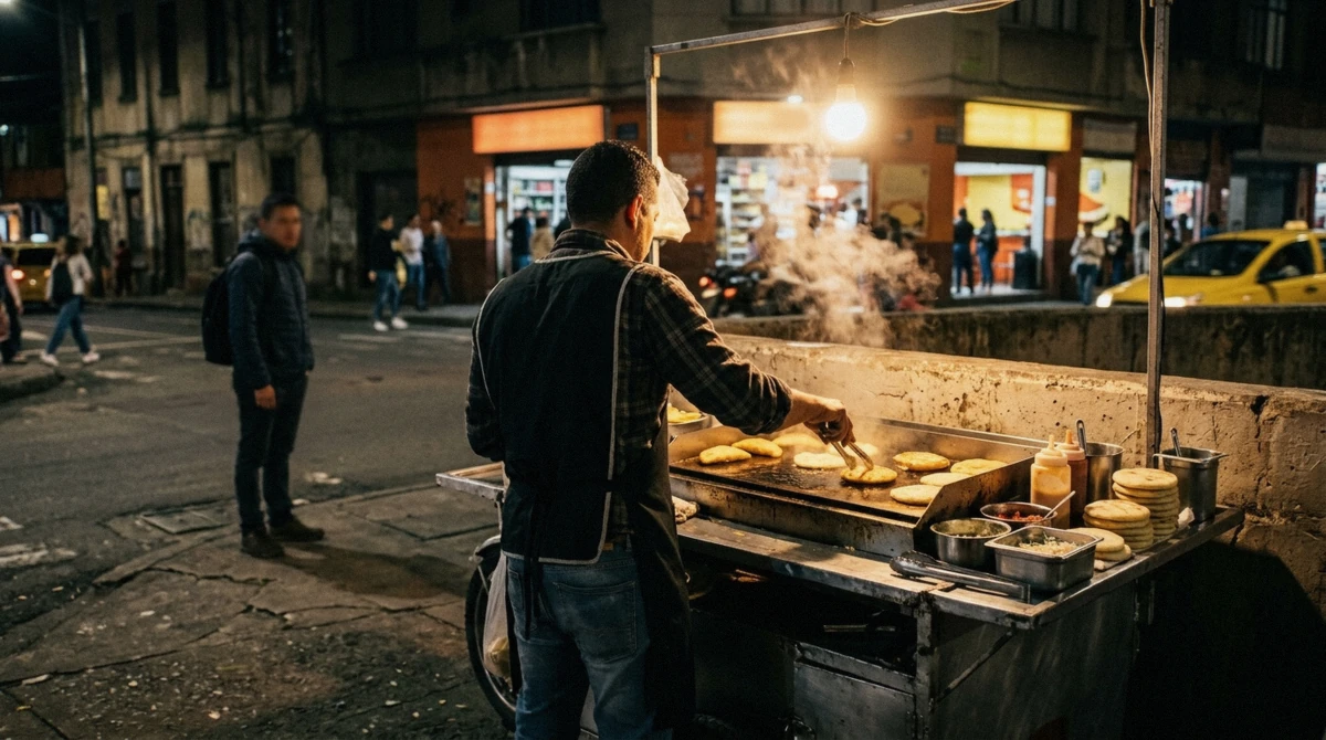 Street food vendor selling arepas near a Laureles bar strip at night, a stop on a Laureles vs El Poblado nightlife night out