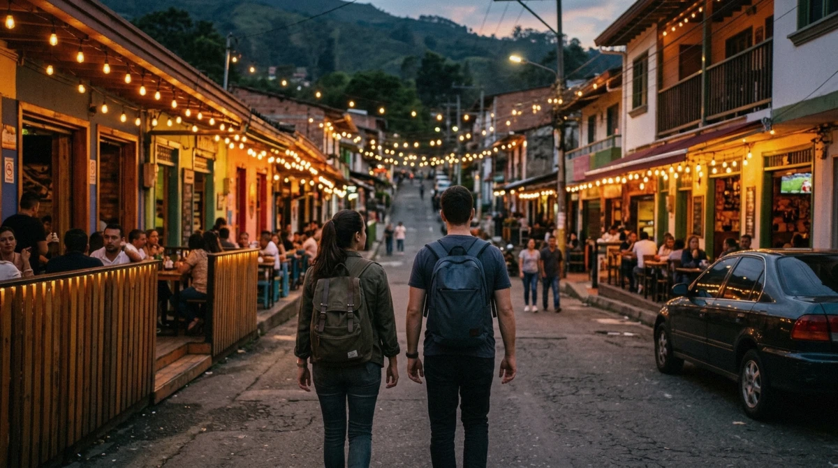 Aerial view of El Poblado and Laureles neighbourhoods at dusk, the best area for nightlife in Medellin spread across the valley